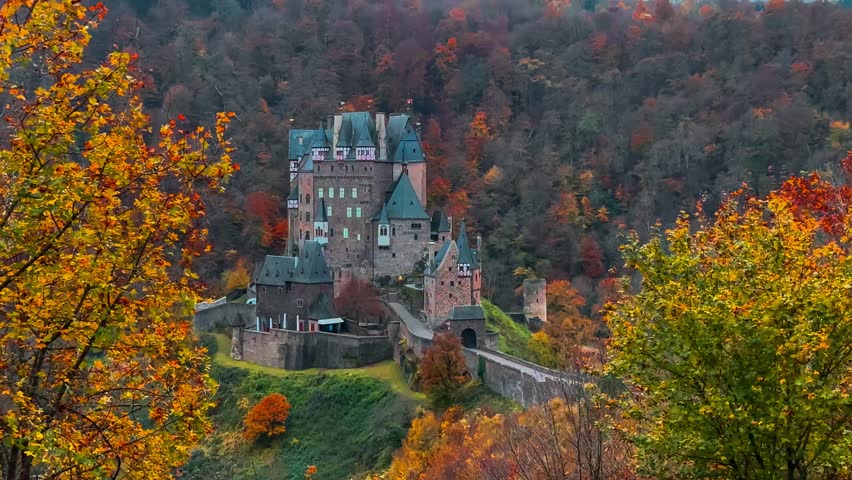 Medieval castle Eltz, on foggy autumn morning Rhineland-Palatinate, Germany. High quality 4k footage