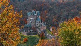 Medieval castle Eltz, on foggy autumn morning Rhineland-Palatinate, Germany. High quality 4k footage - Powered by Shutterstock - Get 15% off with code: PIKWIZARD15