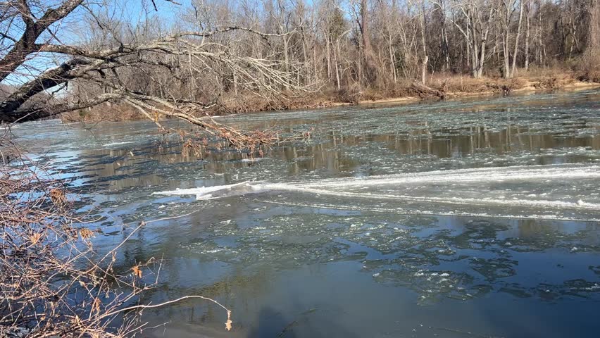 Frozen Rappahannock river in winter of 2024. 