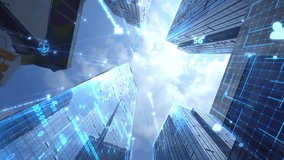 Technological green particles and lines fill the city buildings and are emitted upwards
Looking up at the technologically advanced building
Technology City, Digital City - Powered by Shutterstock - Get 15% off with code: PIKWIZARD15