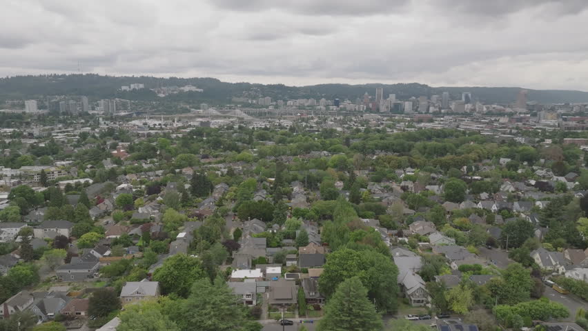 Aerial view of Downtown Portland on an overcast day. Shot during the summer in 4k.