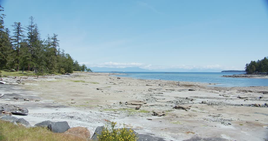 A handheld shot of a tranquil coastal beach scene on Newcastle Island, Nanaimo, BC, Canada. It features a sandy and rocky shoreline, calm blue water, and dense trees under a clear blue sky.