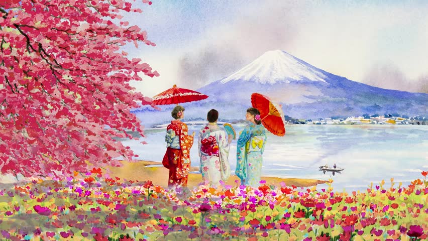 Travel cherry blossom with kimono lady and butterfly in fuji background.