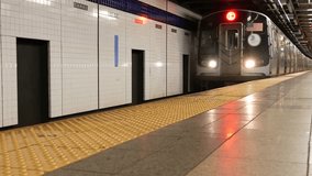 New York City subway station interior, indoor underground metropolitan platform. Metro train, american railway passenger public transport, Manhattan railroad transportation, NYC traffic, United States - Powered by Shutterstock - Get 15% off with code: PIKWIZARD15