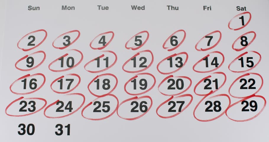 A calendar displaying a full month with several dates circled in red, indicating important deadlines or events. Each circled date suggests significance and preparedness.