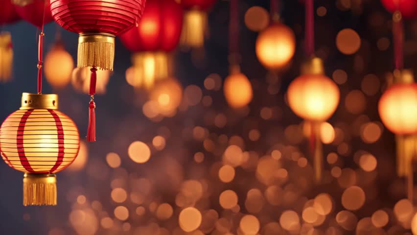 Red and Golden Chinese Lanterns Against Bokeh Background for Chinese New Year Celebrations. Lunar New Year background.