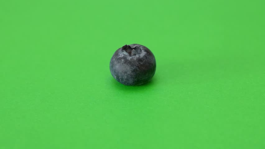 A single blueberry rotating on a green background