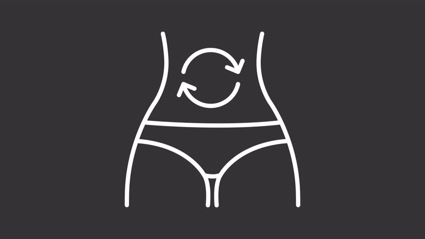 Fast metabolism white line animation. Animated circular arrows on abdomen icon. Digestion process. Weight loss. Isolated illustration on dark background. Transition alpha video. Motion graphic