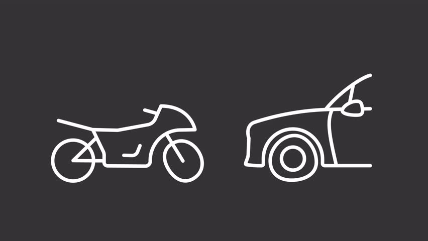 Animated accident white icon. Car collision with motorcycle line animation. Road accident involving different vehicles. Isolated illustration on dark background. Transition alpha video. Motion graphic