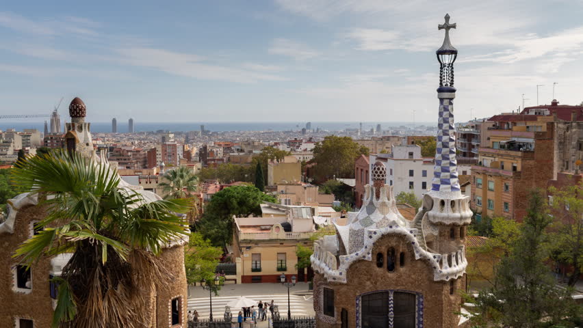 Timelapse of the barcelona skyline shot from parc guell