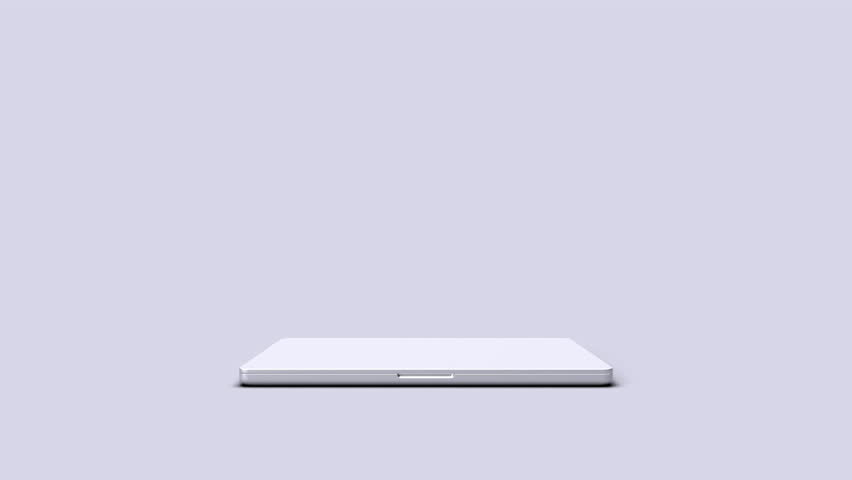 3d render of a laptop opening on a green background with a lights screen with tracking marks with camera zoom
