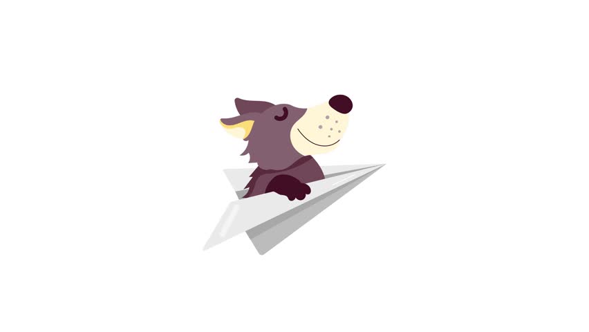 Dog flying on paper plane, flat animated sticker 

