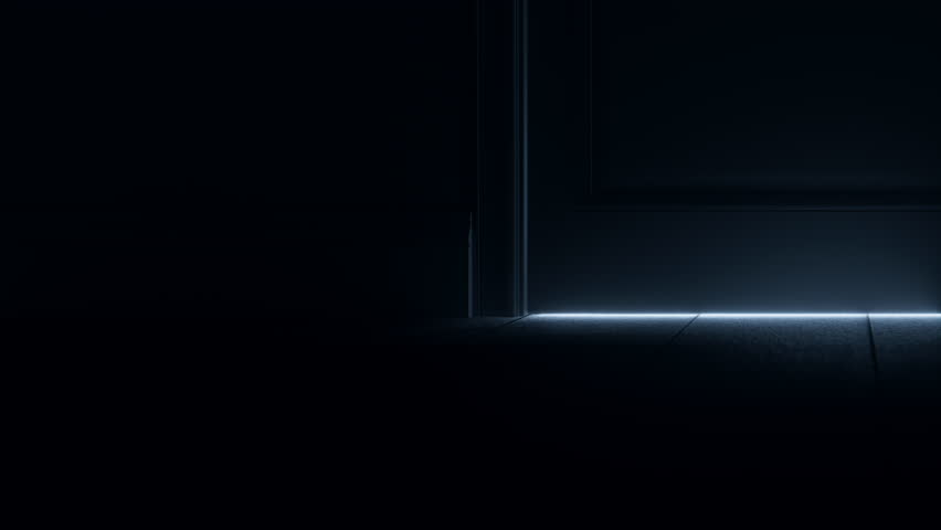 Door Opening, Bright Shining Glowing Light with Butterflies Appears in Dark Room. Magic, Mystery, Success and Religious Concept. Abstract Minamalistic 3d Animation. Close Up View	
