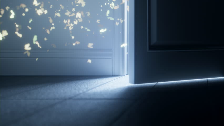 Door Opening, Bright Shining Glowing Light with Butterflies Appears in Dark Room. Magic, Mystery, Success and Religious Concept. Abstract Minamalistic 3d Animation. Close Up View	