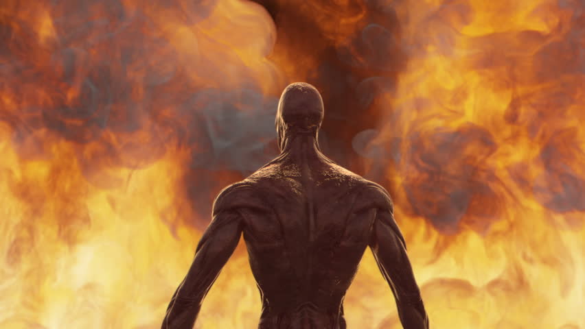 An intimidating alien is looking at the destruction it has caused, stretching out its arms. Future apocalyptic scenario.
