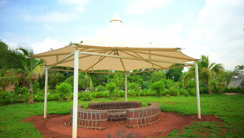 Modern Villa with Sitting Lounge in Garden, Luxury Chalet Facing Canopy Gazebo, Private bungalow courtyard along seating deck, Set at lush green oasis, Balcony facing greenery, Outdoor Patio, India
