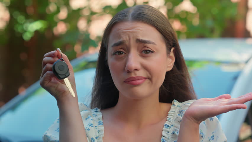 Confused pondering unsure Caucasian woman female girl client buyer customer car owner showing auto keys looking camera doubt gesture shrugging shoulders don't know rental transport test drive at city