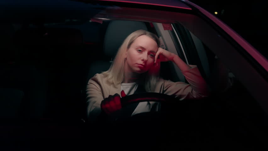 Sleepy exhausted Caucasian woman car driver female girl inside automobile yawning asleep fatigue sleeping in automobile traffic sleep deprivation dangerous insurance driving auto vehicle at late night