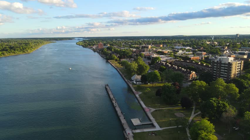 Bishop Park in Wyandotte, Michigan with Detroit River and Point Hennepin, USA
