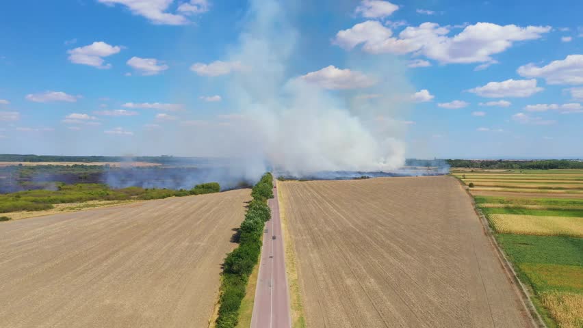 Cultivated landscape burning in summer, aerial shot of wildfire in countryside, drone pov 4K high angle view