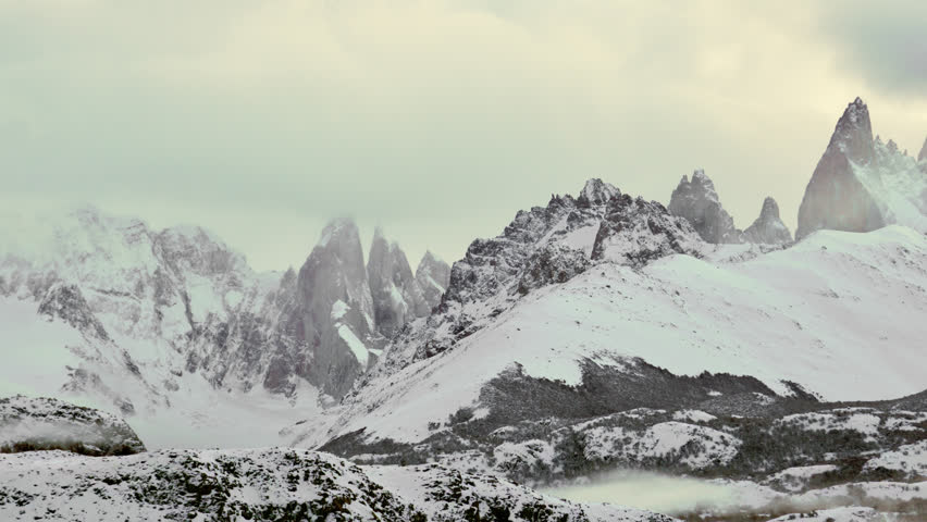 Panning shot of Cerro Torre and mount Fitz Roy in Los Glaciares National Park, Patagonia, Argentina.