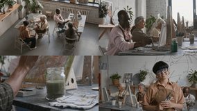 Split screen of group of three seniors painting on canvases at art workshop conducted by young woman smiling for camera in studio - Powered by Shutterstock - Get 15% off with code: PIKWIZARD15