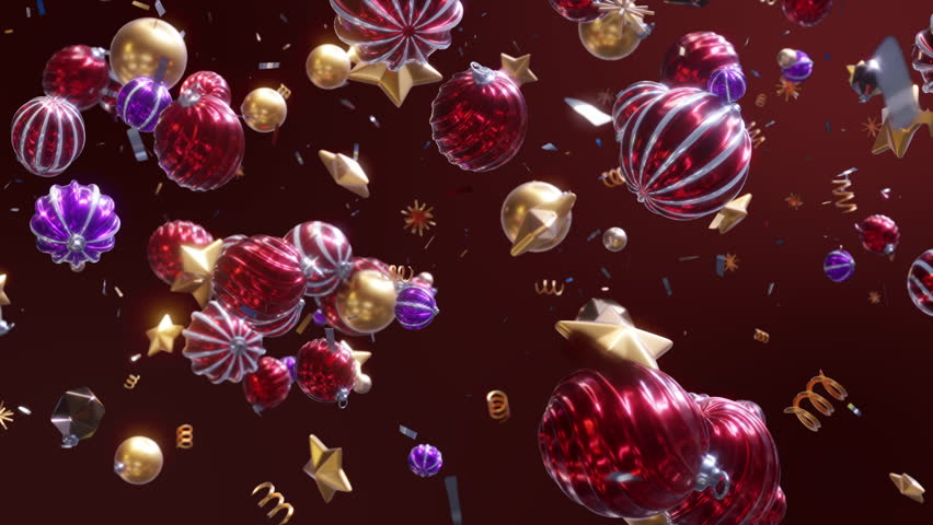 Colorful Christmas balls Background, gifts and Golden stars moving in space with confetti On Red Screen. Loop 3D animation render 4K.