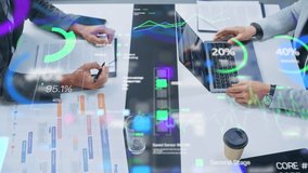 Futuristic Business Meeting With Augmented Reality Overlays. Professionals Analyze Holographic Data Projections, Charts, and Percentages on a Table Filled With Documents, Laptops, and Displays. - Powered by Shutterstock - Get 15% off with code: PIKWIZARD15