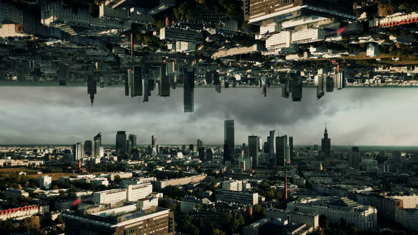 Futuristic view of modern downtown. Surrealistic view of a high-rise city. Inception style parallel dimension mirror effect. Surrealistic flight vision of a high tech city. Horizontal reflected view. 