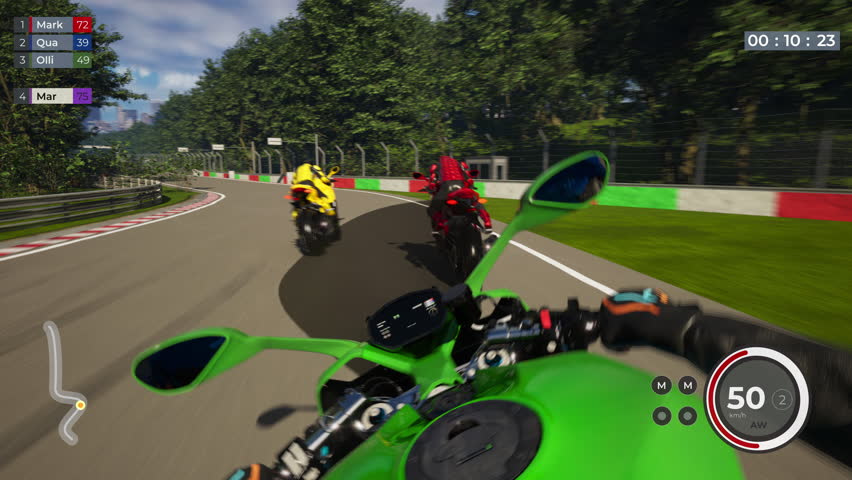 Streaming the competitive online virtual esports moto racing game challenge. Streaming the riders driving on a virtual circuit in a video game. Streamer overtakes virtual bikers to win game mission.