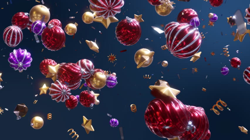 Colorful Christmas balls Background, gifts and Golden stars moving in space with confetti On Blue Screen. Loop 3D animation render 4K.