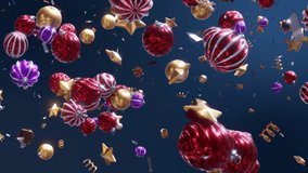 Colorful Christmas balls Background, gifts and Golden stars moving in space with confetti On Blue Screen. Loop 3D animation render 4K. - Powered by Shutterstock - Get 15% off with code: PIKWIZARD15