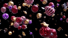 Colorful Christmas balls Background, gifts and Golden stars moving in space with confetti On Black Screen. Loop 3D animation render 4K. - Powered by Shutterstock - Get 15% off with code: PIKWIZARD15