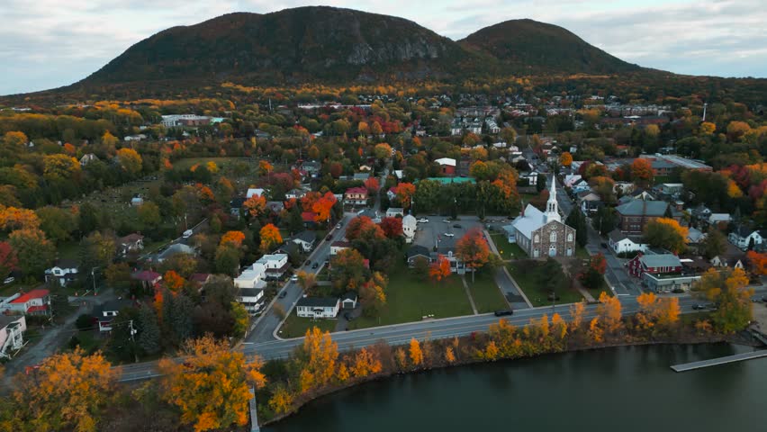 aerial panoramic shot of Mont Saint Hilaire area in Quebec province near Montreal during fall season on an overcast day in Canada