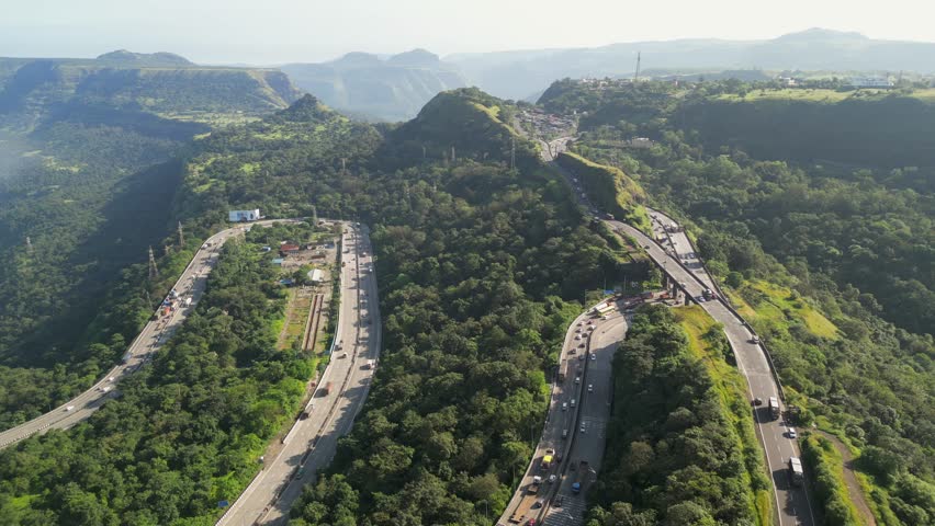 national highway48 in beautiful winter season lonavala hills drone moving back view in maharashtra