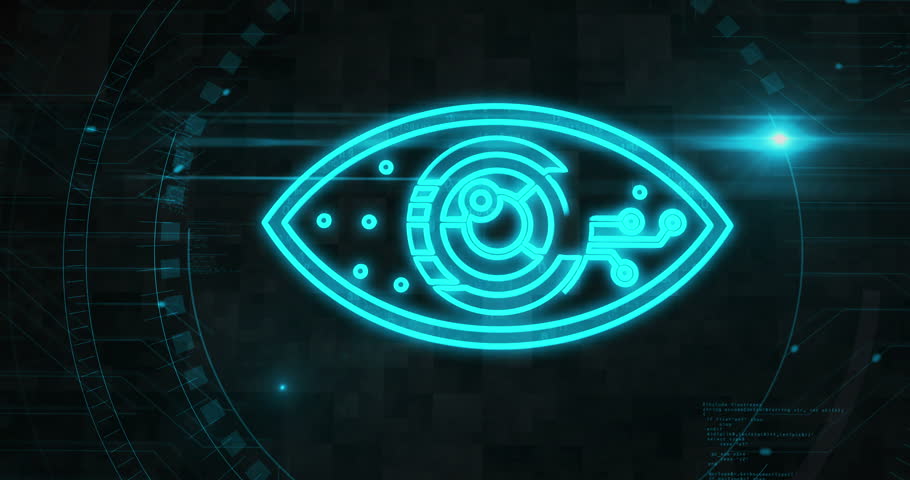 Cyber eye spying and security control symbol digital concept. Cyber technology and computer background abstract 3d. Seamless and loopable.
