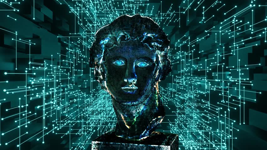 Alexander the great- sculpture, statue, head of statue on a green neon 3d background animation. Concept of NFT Technology. seamless loop and 4k.
