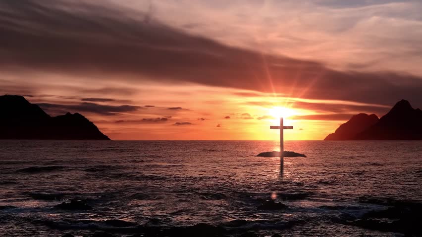 Christ Cross on an island in the middle of the open sea. Looping animation concept for faith, power, worship, christianity and easter	
