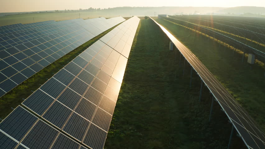 Long rows of solar panels with sunlight flashes placed on field aerial view. Innovative equipment for producing green energy in countryside at foggy dawn