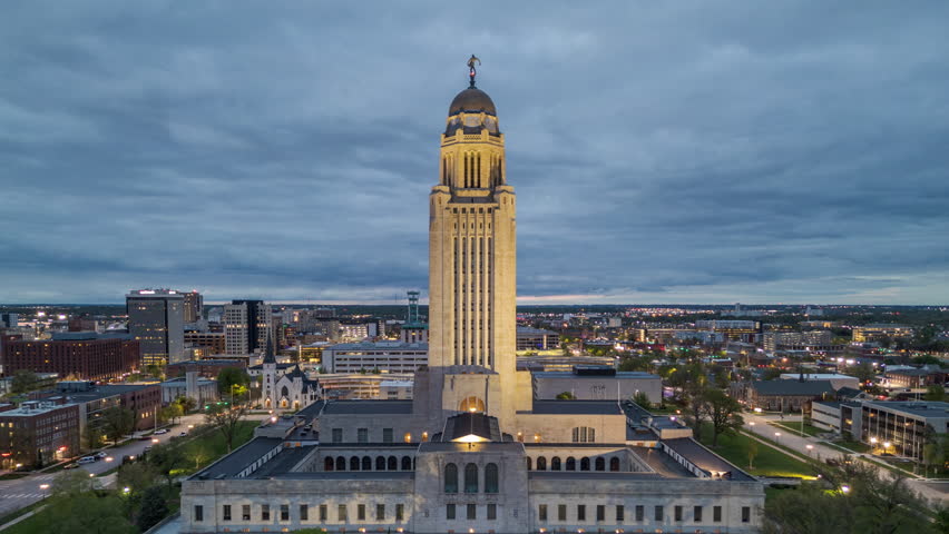 Lincoln, Nebraska, USA cityscape at the capitol building at twilight.