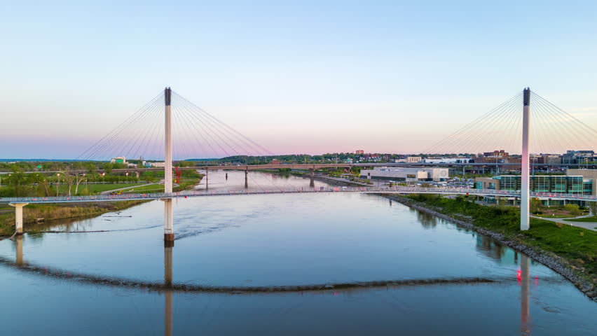 Omaha, Nebraska, USA Skyline on the Missouri River at dusk.