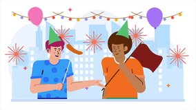 Two animated characters celebrating with party hats and props animated video - Powered by Shutterstock - Get 15% off with code: PIKWIZARD15