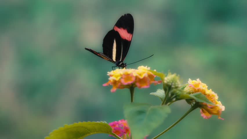 Red postman butterfly on a yellow flower. Slow motion. 