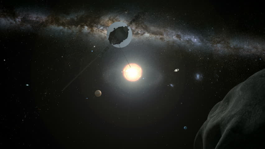 A giant asteroid passes by and our solar system is revealed.  The space probe