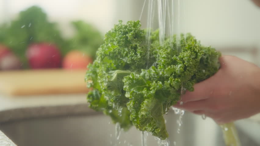 Woman's hands washing fresh kale under tap water in the kitchen sink. Slow motion. 