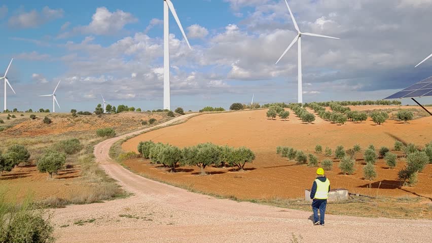 Engineer in a yellow vest walks towards a solar panel with wind turbines in the background