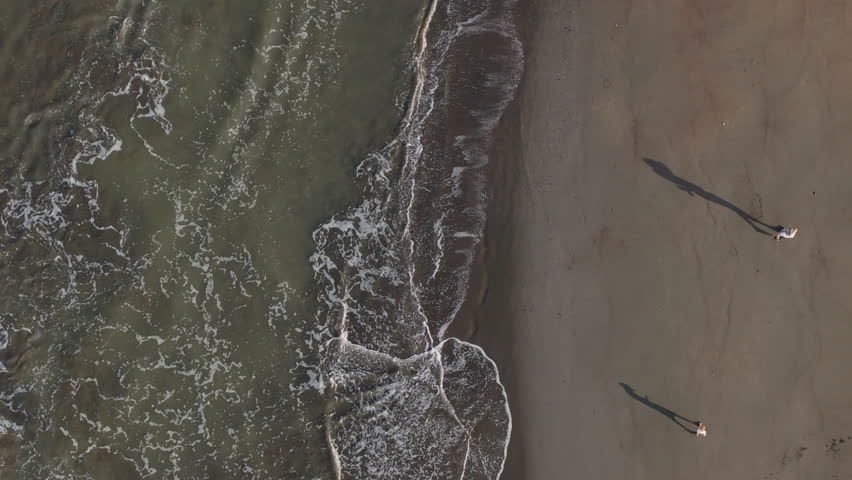 An expansive aerial view beautifully captures a father and son joyfully walking along the beach, their playful shadows dancing beside the gentle waves lapping softly against the soft sandy shore