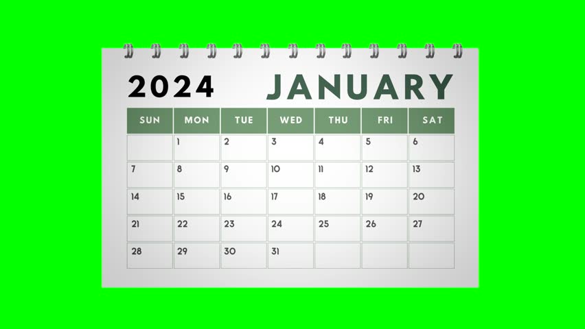 The 2024 calendar, is flipped January to December to the new year, 2025 with green screen background
