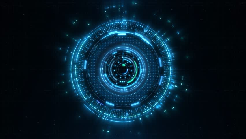 Blue holographic advanced HUD circle platform. Futuristic digital technology animated background concept.