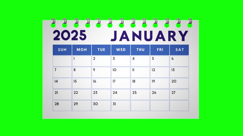 Calendar for 2025 new year from january to december flipping through month. Flipped calendar page with green screen background. Looping video